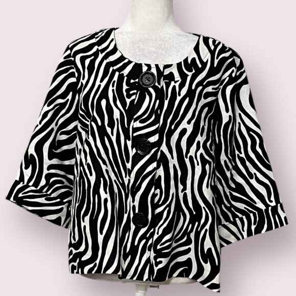 Carole Little Bebra Print Linen Jacket XL Black White Button Front Boxy Retro - Picture 1 of 8